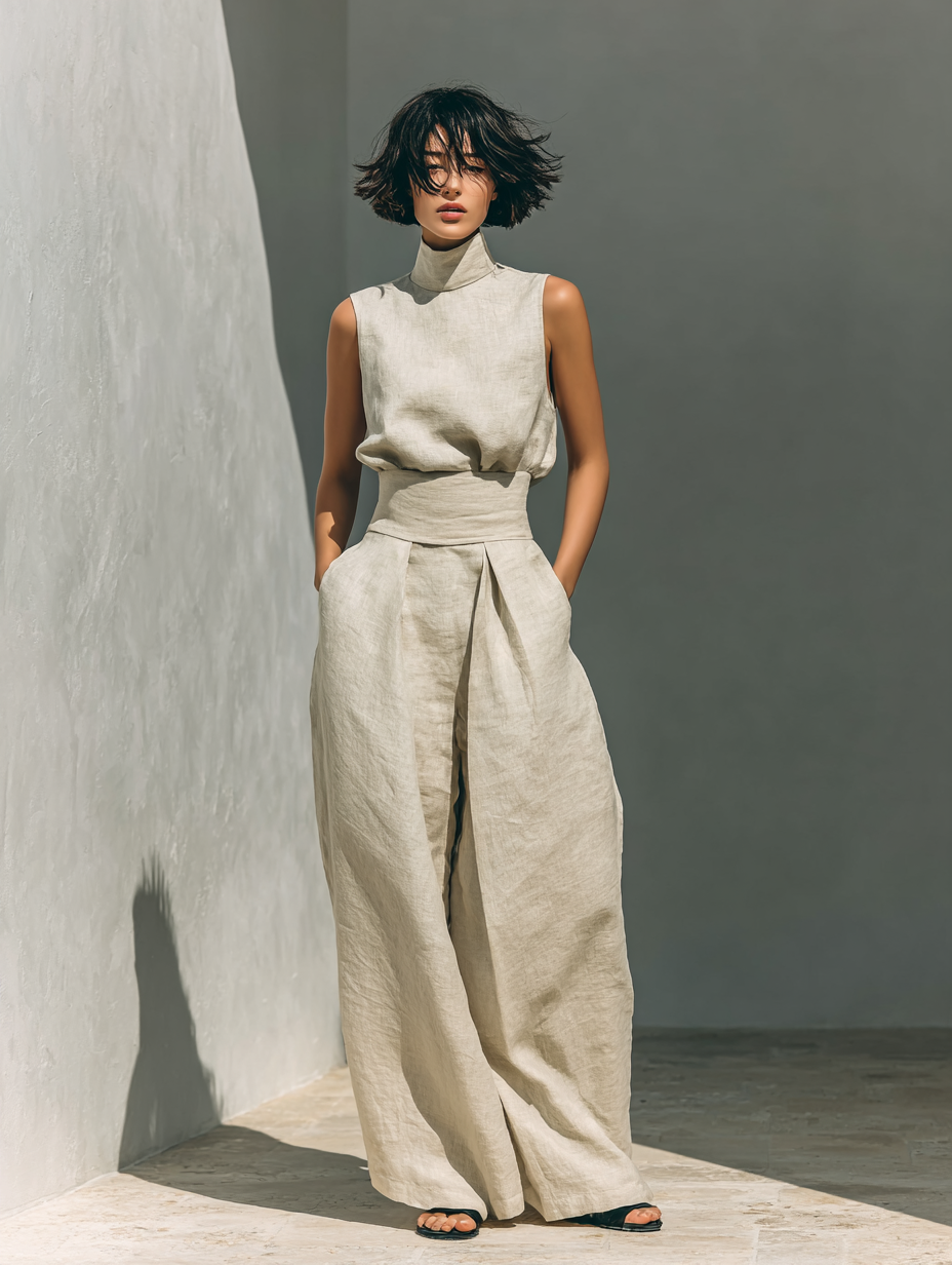 MEVY™ | ENSEMBLE COMPLET AVEC DÉBARDEUR ET PANTALON LARGE EN COTON ET LIN