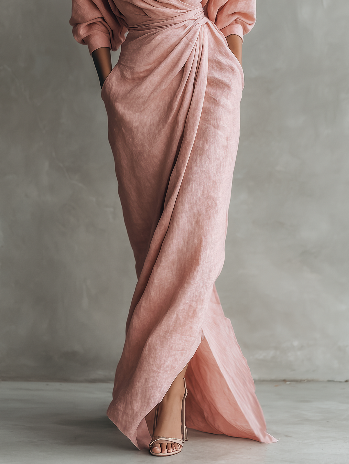 ALUCIA - ROBE LONGUE EN LIN ROSE À COL EN V