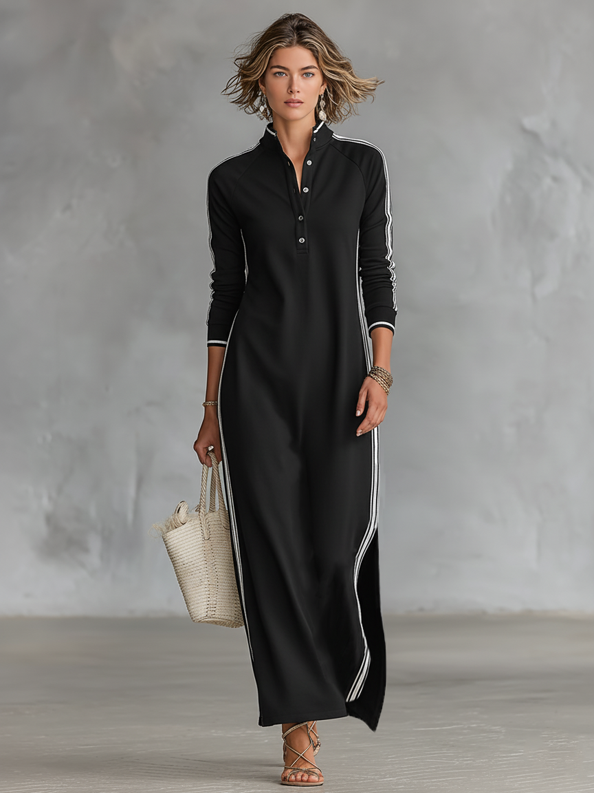 AMBRE - ROBE LONGUE EN SWEAT AVEC COL BOUTONNÉ