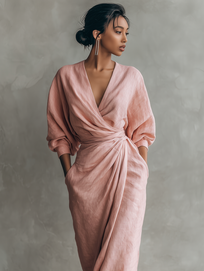 ALUCIA - ROBE LONGUE EN LIN ROSE À COL EN V