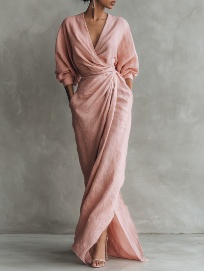ALUCIA - ROBE LONGUE EN LIN ROSE À COL EN V