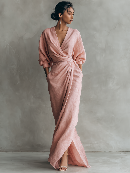 ALUCIA - ROBE LONGUE EN LIN ROSE À COL EN V