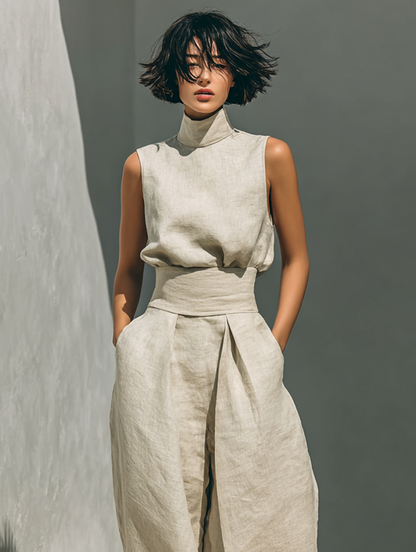 MEVY™ | ENSEMBLE COMPLET AVEC DÉBARDEUR ET PANTALON LARGE EN COTON ET LIN