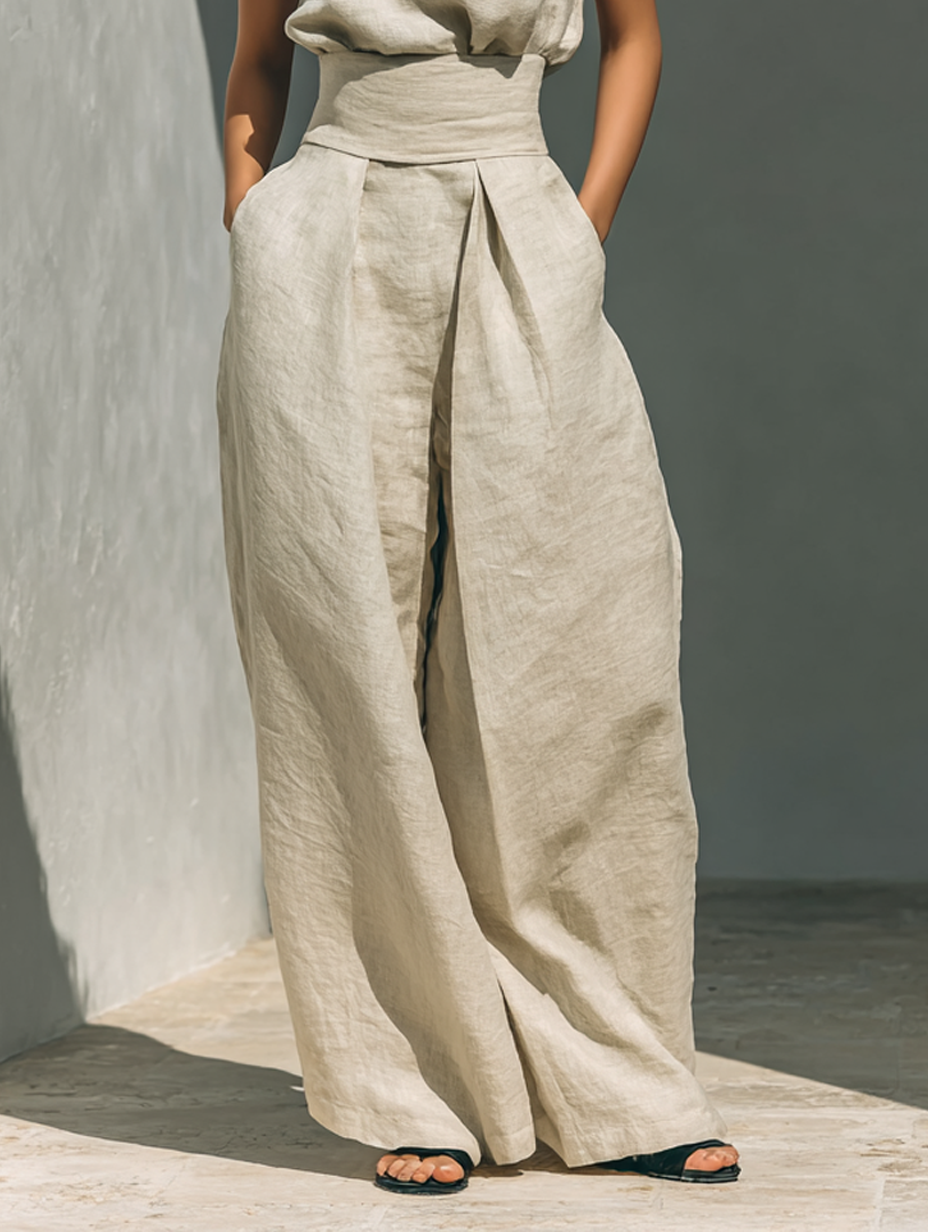 MEVY™ | ENSEMBLE COMPLET AVEC DÉBARDEUR ET PANTALON LARGE EN COTON ET LIN