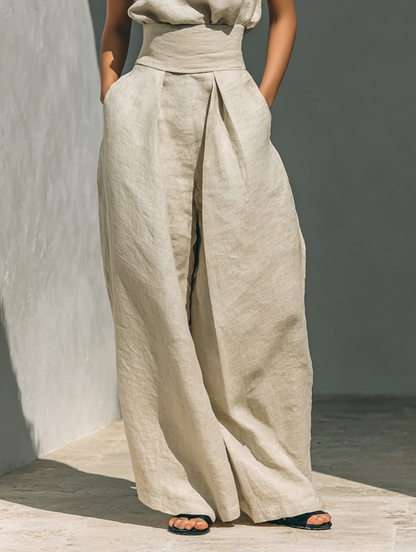 MEVY™ | ENSEMBLE COMPLET AVEC DÉBARDEUR ET PANTALON LARGE EN COTON ET LIN