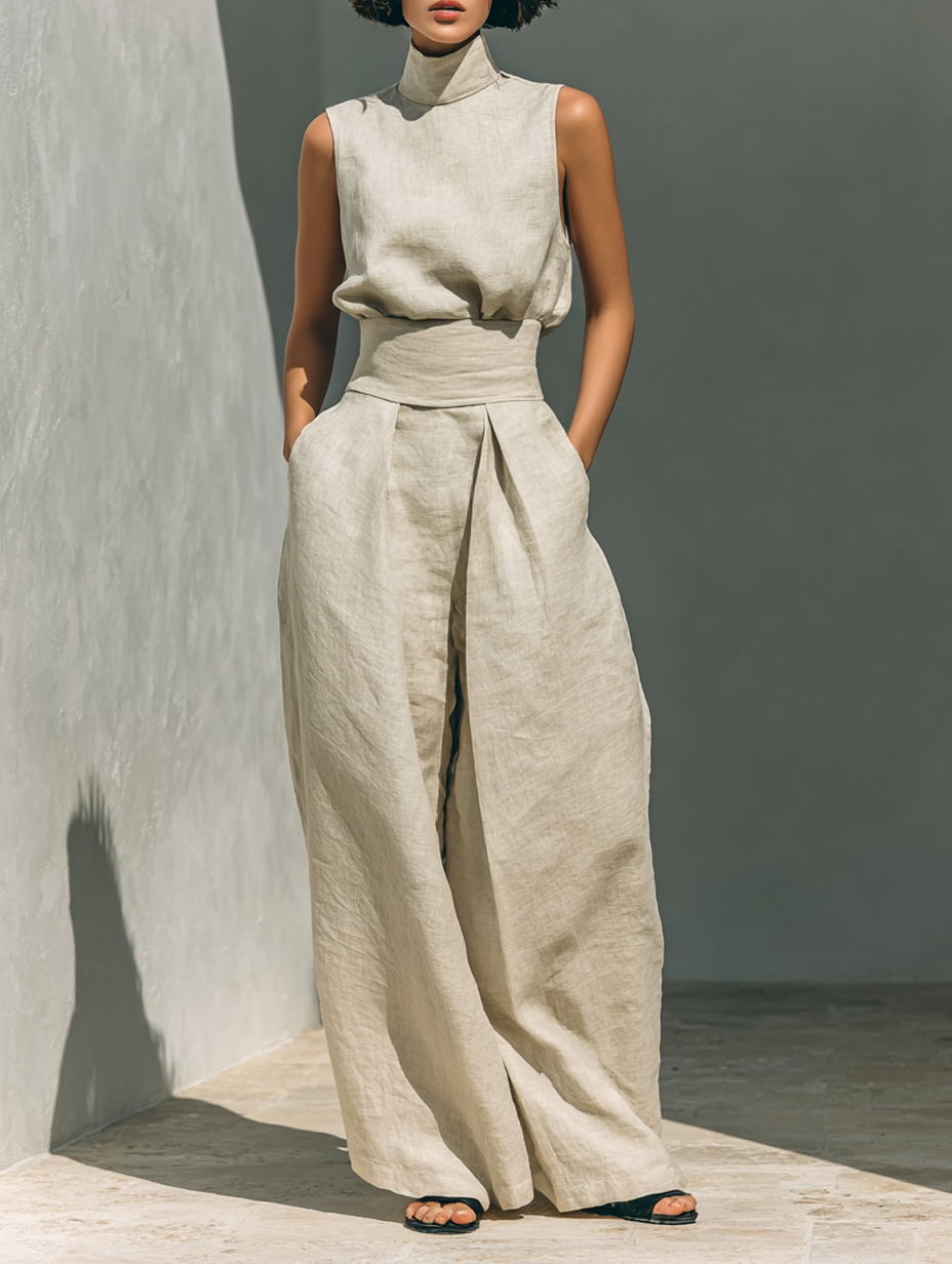 MEVY™ | ENSEMBLE COMPLET AVEC DÉBARDEUR ET PANTALON LARGE EN COTON ET LIN