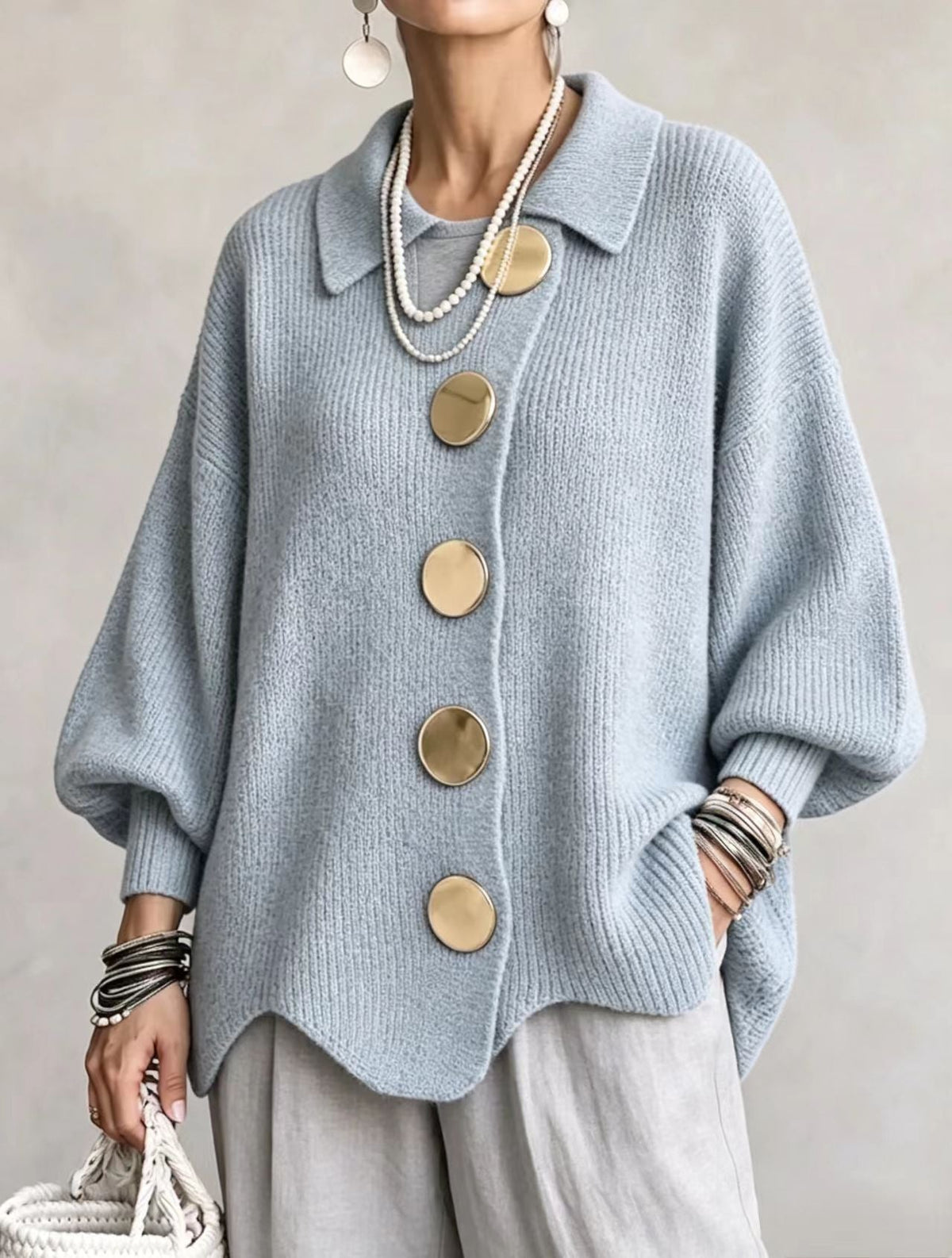 ISADORA - GILET OVERSIZE À COL ET GROS BOUTONS MÉTALLIQUES