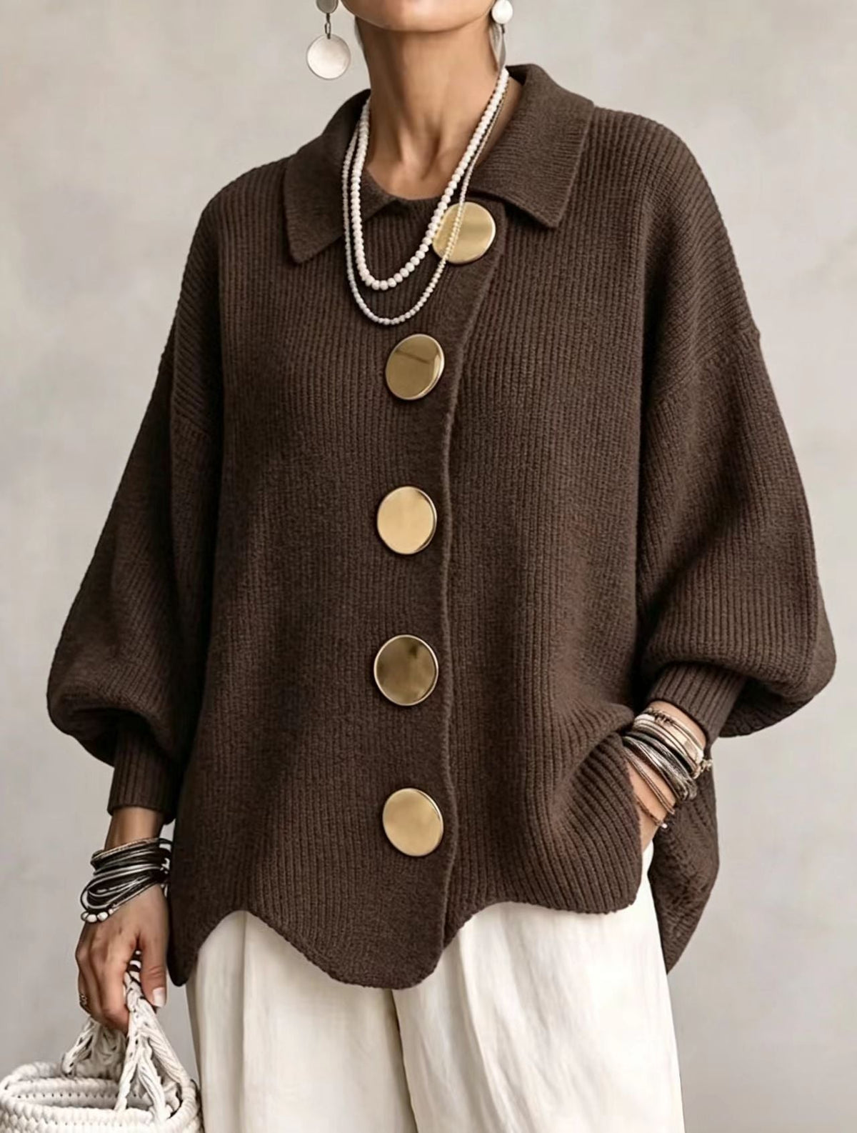 ISADORA - GILET OVERSIZE À COL ET GROS BOUTONS MÉTALLIQUES