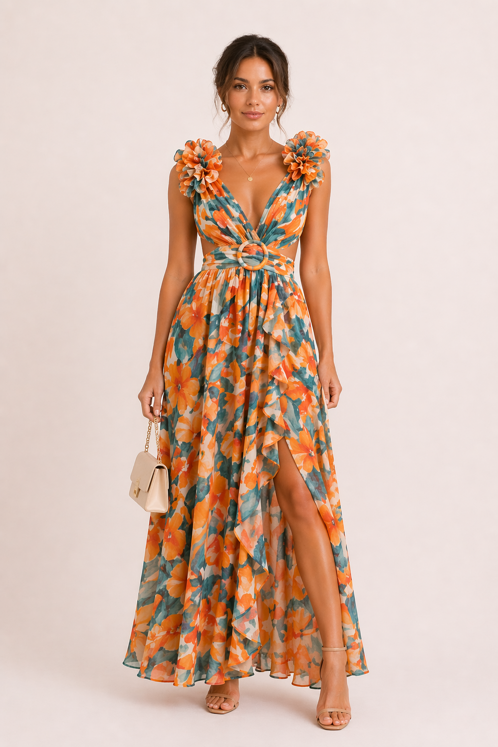 YRA | ROBE LONGUE EN MOUSSELINE – COL EN V, IMPRIMÉ FLORAL, FLEURS EN RELIEF (3D), DÉCOUPES, TENUE HABILLÉE