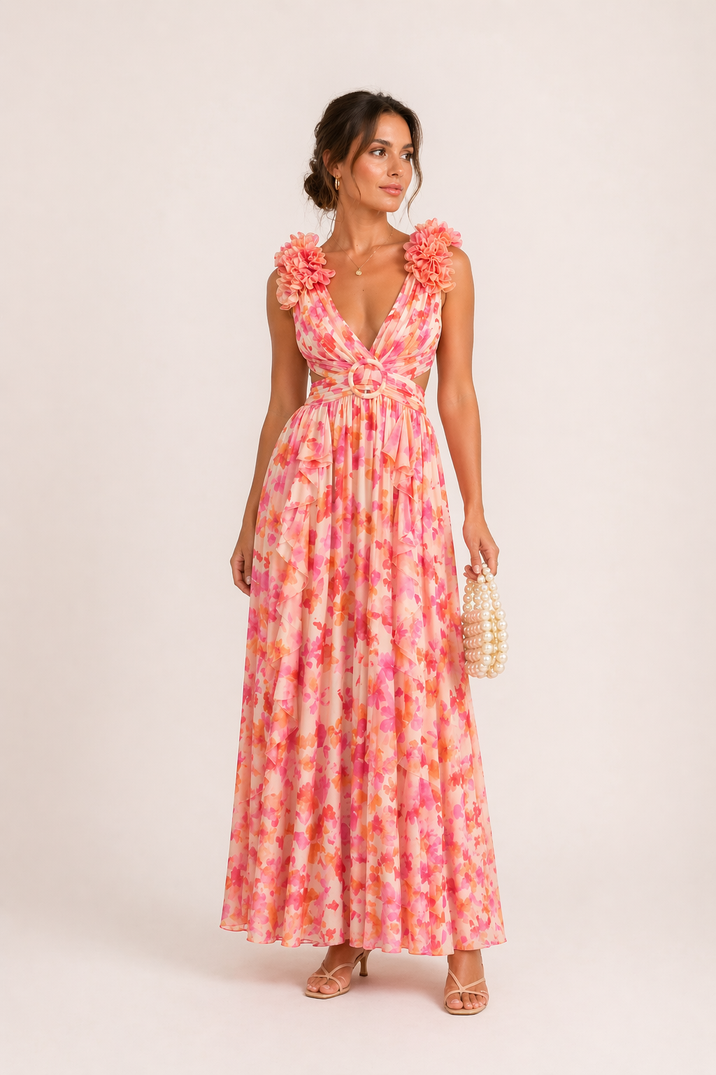 YRA | ROBE LONGUE EN MOUSSELINE – COL EN V, IMPRIMÉ FLORAL, FLEURS EN RELIEF (3D), DÉCOUPES, TENUE HABILLÉE