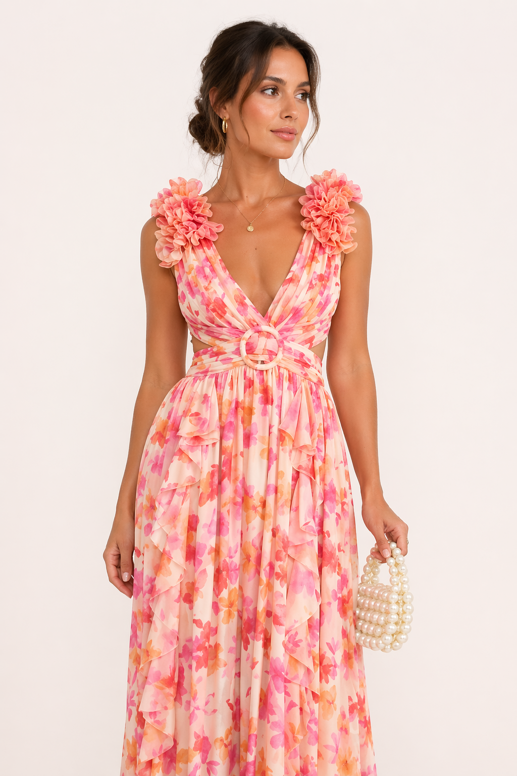 YRA | ROBE LONGUE EN MOUSSELINE – COL EN V, IMPRIMÉ FLORAL, FLEURS EN RELIEF (3D), DÉCOUPES, TENUE HABILLÉE