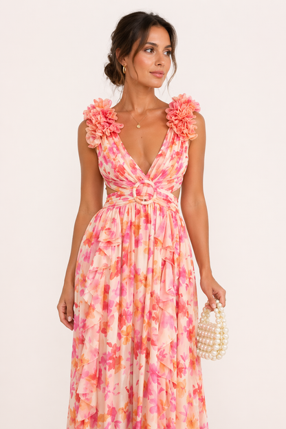 YRA | ROBE LONGUE EN MOUSSELINE – COL EN V, IMPRIMÉ FLORAL, FLEURS EN RELIEF (3D), DÉCOUPES, TENUE HABILLÉE