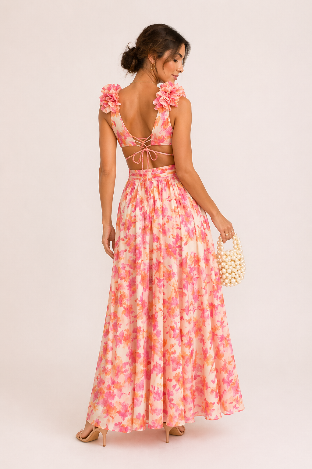 YRA | ROBE LONGUE EN MOUSSELINE – COL EN V, IMPRIMÉ FLORAL, FLEURS EN RELIEF (3D), DÉCOUPES, TENUE HABILLÉE