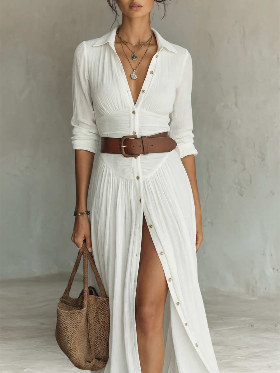 LEILA - ROBE LONGUE PLISSÉE EN LIN BLANC