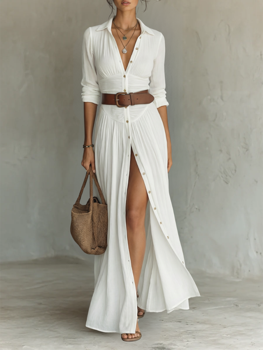 LEILA - ROBE LONGUE PLISSÉE EN LIN BLANC