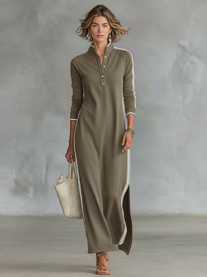 AMBRE - ROBE LONGUE EN SWEAT AVEC COL BOUTONNÉ