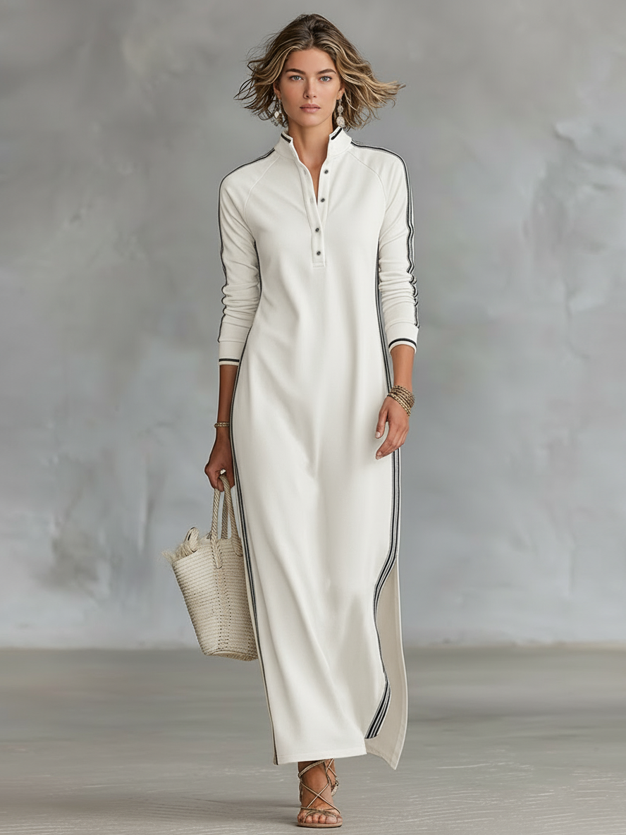 AMBRE - ROBE LONGUE EN SWEAT AVEC COL BOUTONNÉ