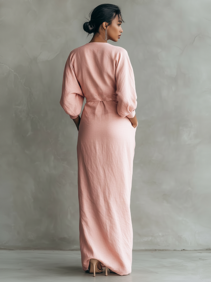 ALUCIA - ROBE LONGUE EN LIN ROSE À COL EN V