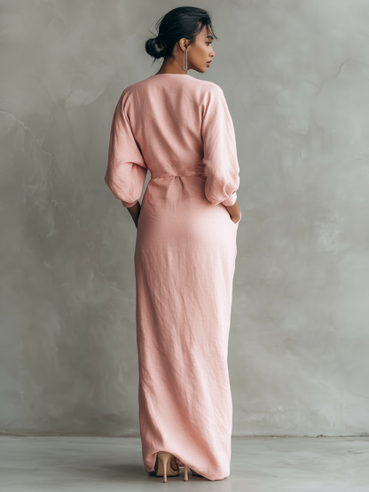 ALUCIA - ROBE LONGUE EN LIN ROSE À COL EN V