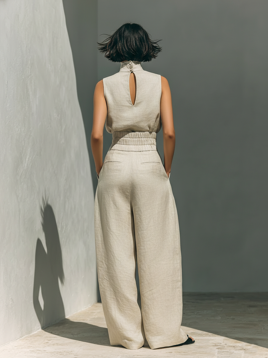 MEVY™ | ENSEMBLE COMPLET AVEC DÉBARDEUR ET PANTALON LARGE EN COTON ET LIN