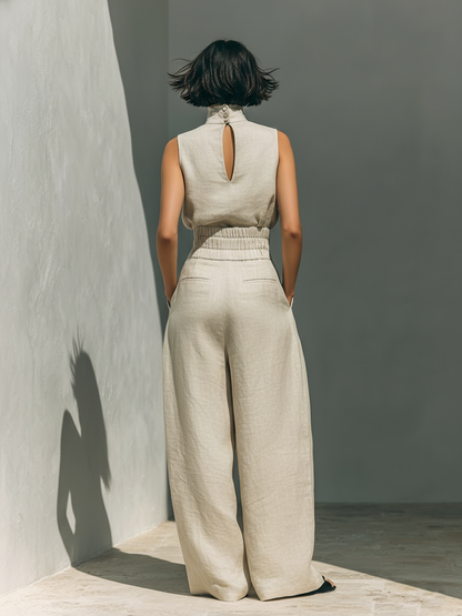 MEVY™ | ENSEMBLE COMPLET AVEC DÉBARDEUR ET PANTALON LARGE EN COTON ET LIN