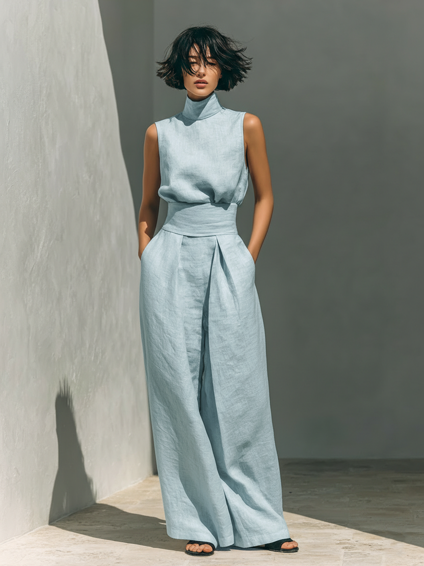 MEVY™ | ENSEMBLE COMPLET AVEC DÉBARDEUR ET PANTALON LARGE EN COTON ET LIN