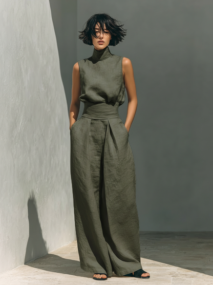 MEVY™ | ENSEMBLE COMPLET AVEC DÉBARDEUR ET PANTALON LARGE EN COTON ET LIN