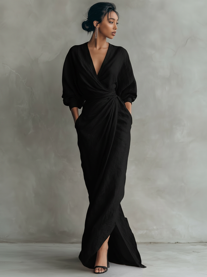ALUCIA - ROBE LONGUE EN LIN ROSE À COL EN V