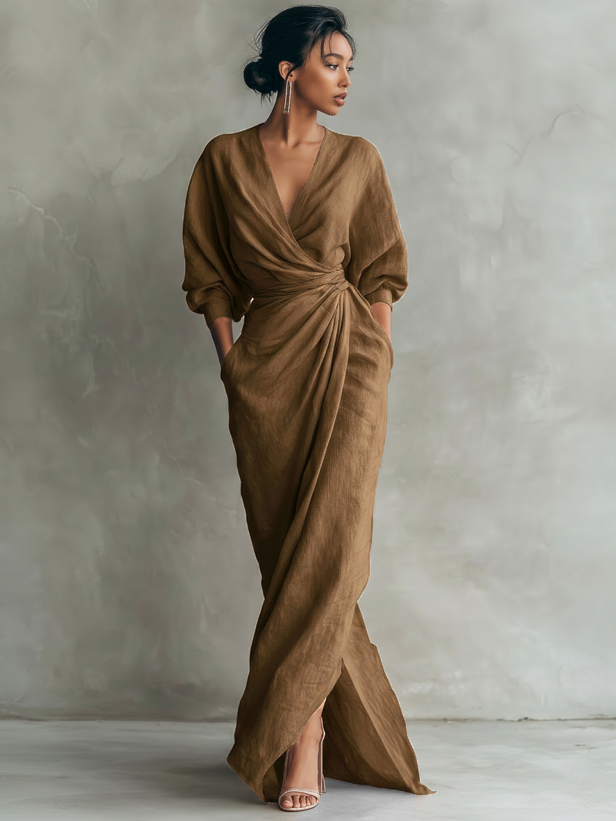 ALUCIA - ROBE LONGUE EN LIN ROSE À COL EN V