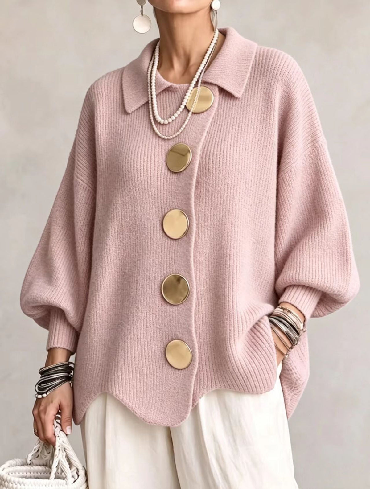 ISADORA - GILET OVERSIZE À COL ET GROS BOUTONS MÉTALLIQUES
