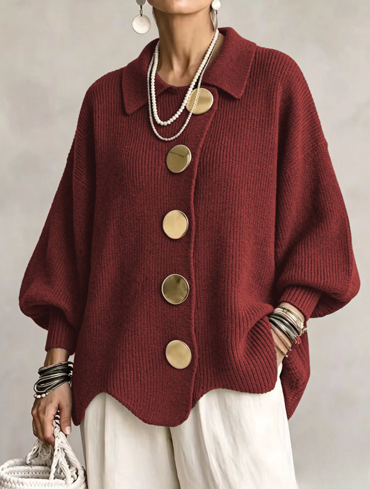 ISADORA - GILET OVERSIZE À COL ET GROS BOUTONS MÉTALLIQUES