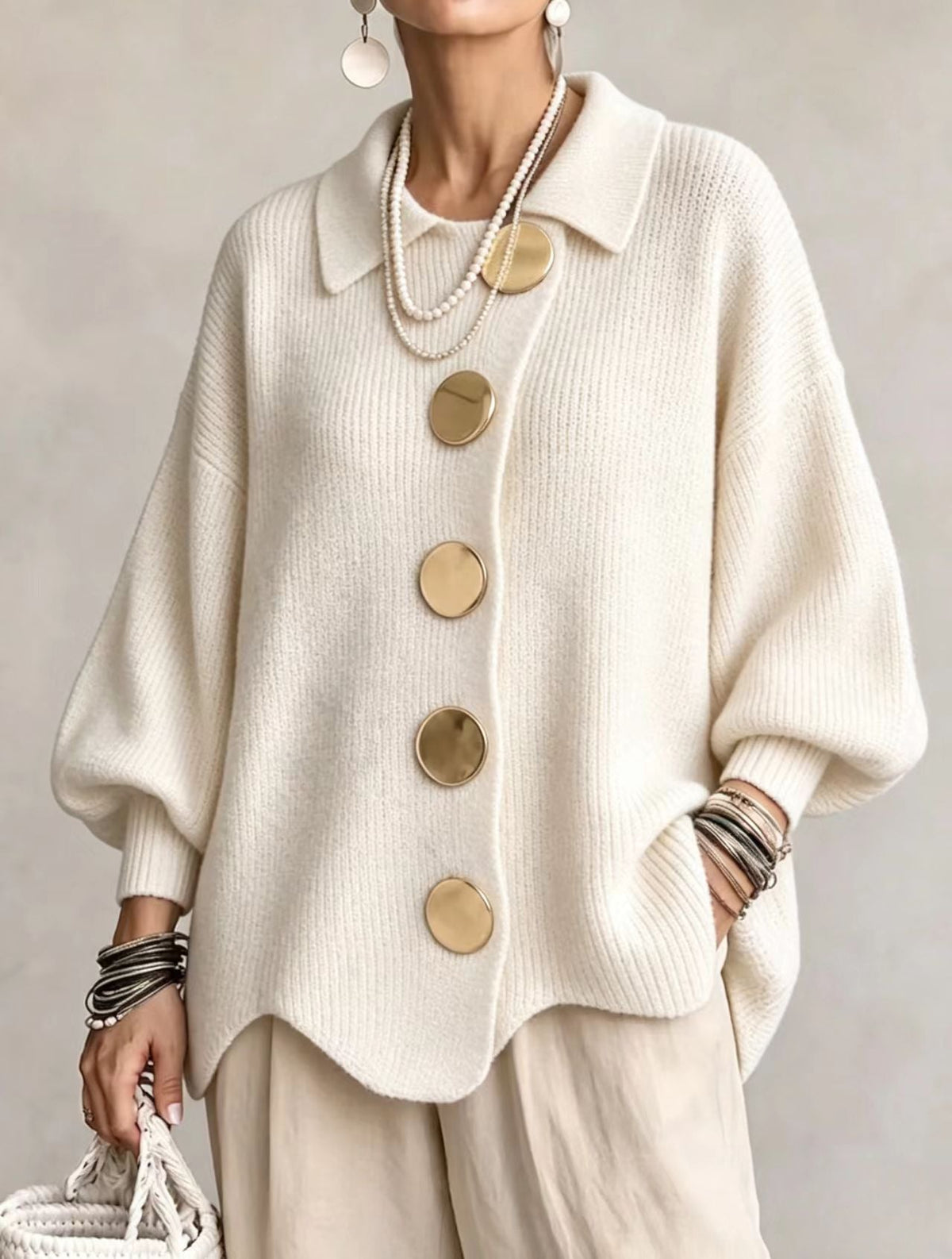 ISADORA - GILET OVERSIZE À COL ET GROS BOUTONS MÉTALLIQUES