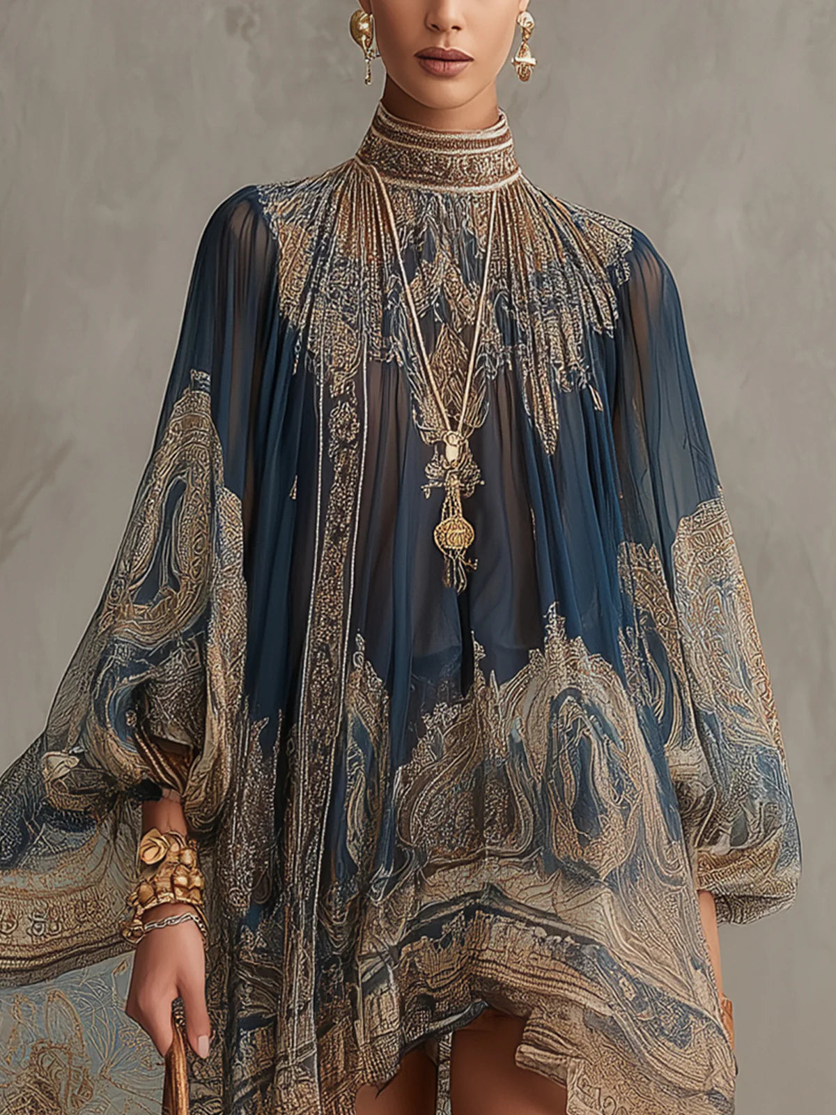 ALISIA – MINI-ROBE EN MOUSSELINE À MOTIF BAROQUE DORÉ