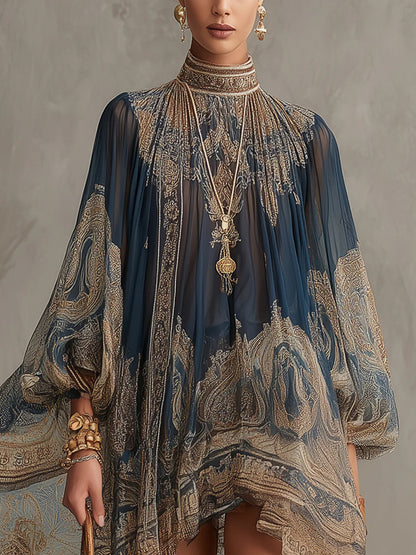 ALISIA – MINI-ROBE EN MOUSSELINE À MOTIF BAROQUE DORÉ