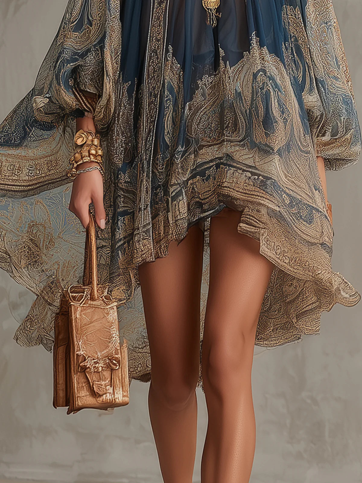 ALISIA – MINI-ROBE EN MOUSSELINE À MOTIF BAROQUE DORÉ