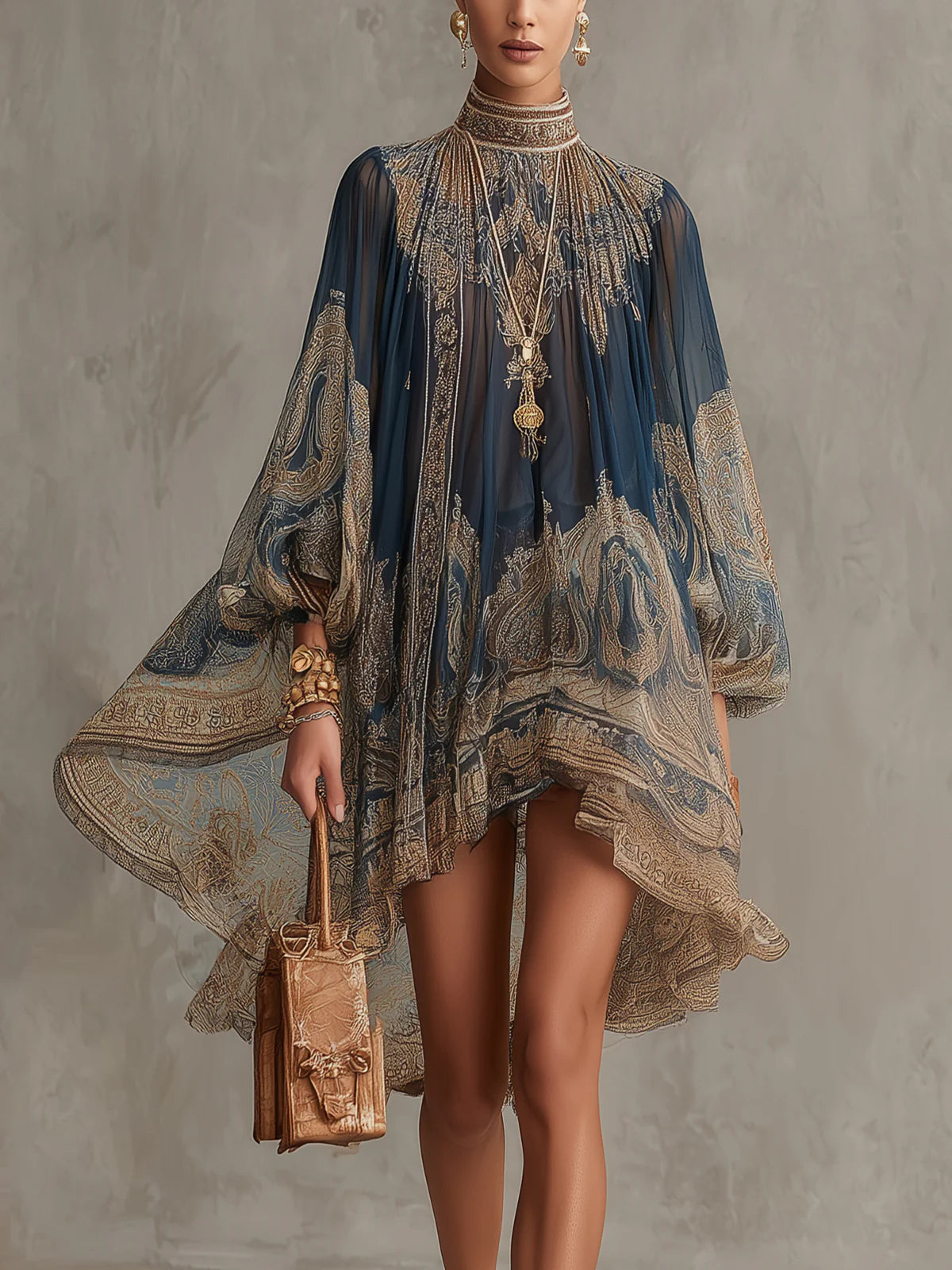 ALISIA – MINI-ROBE EN MOUSSELINE À MOTIF BAROQUE DORÉ