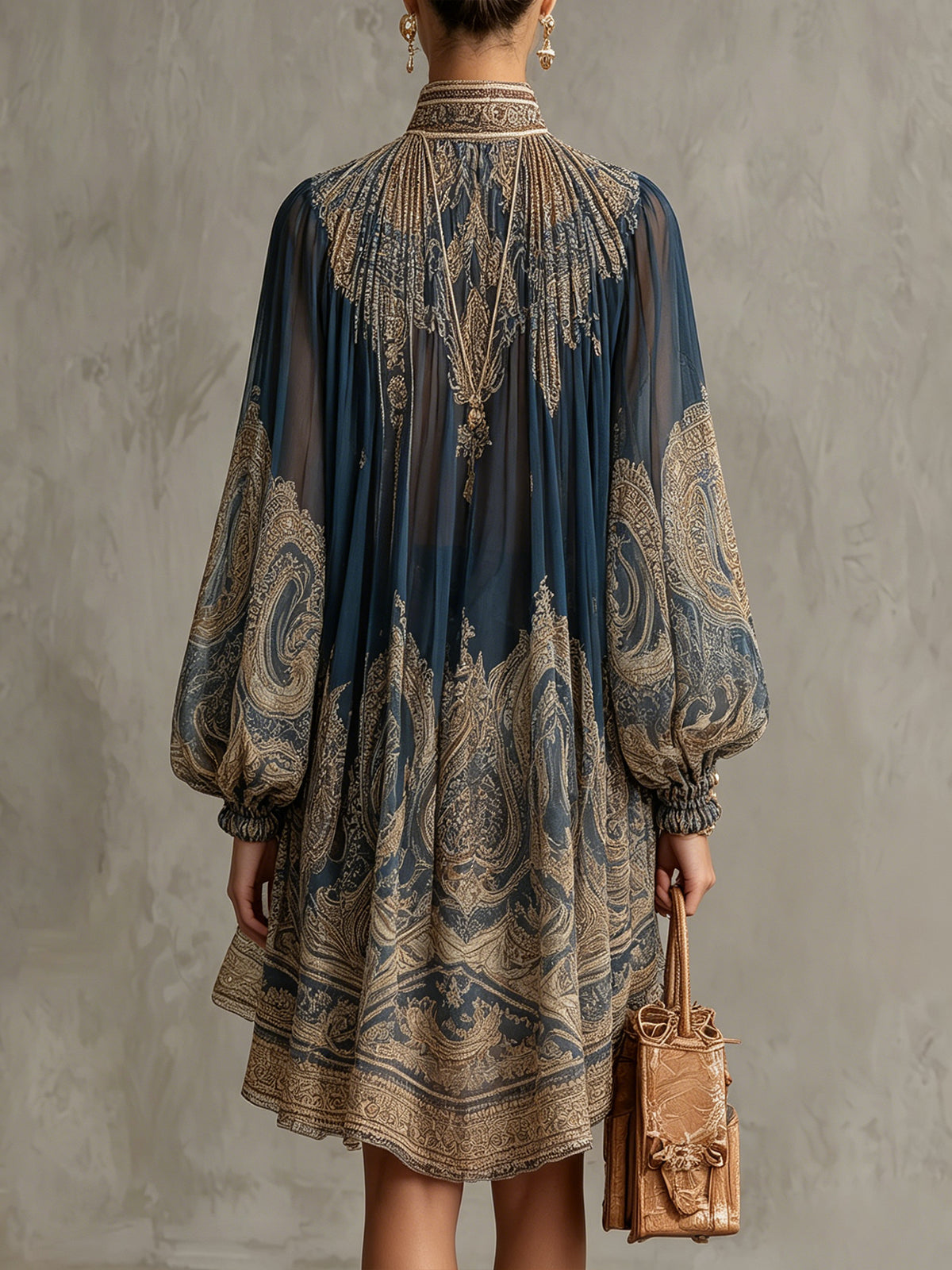 ALISIA – MINI-ROBE EN MOUSSELINE À MOTIF BAROQUE DORÉ
