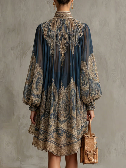 ALISIA – MINI-ROBE EN MOUSSELINE À MOTIF BAROQUE DORÉ