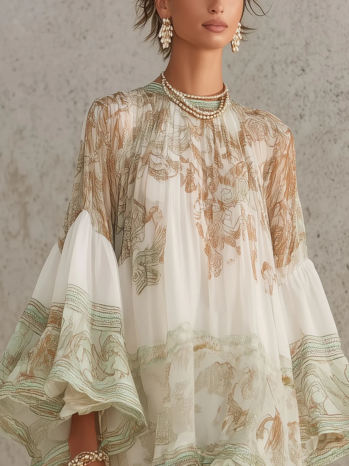 HANNELORE - MINI-ROBE EN MOUSSELINE À MOTIF BAROQUE ET VOLANTS EN CASCADE