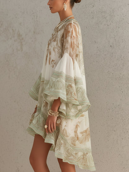 HANNELORE - MINI-ROBE EN MOUSSELINE À MOTIF BAROQUE ET VOLANTS EN CASCADE
