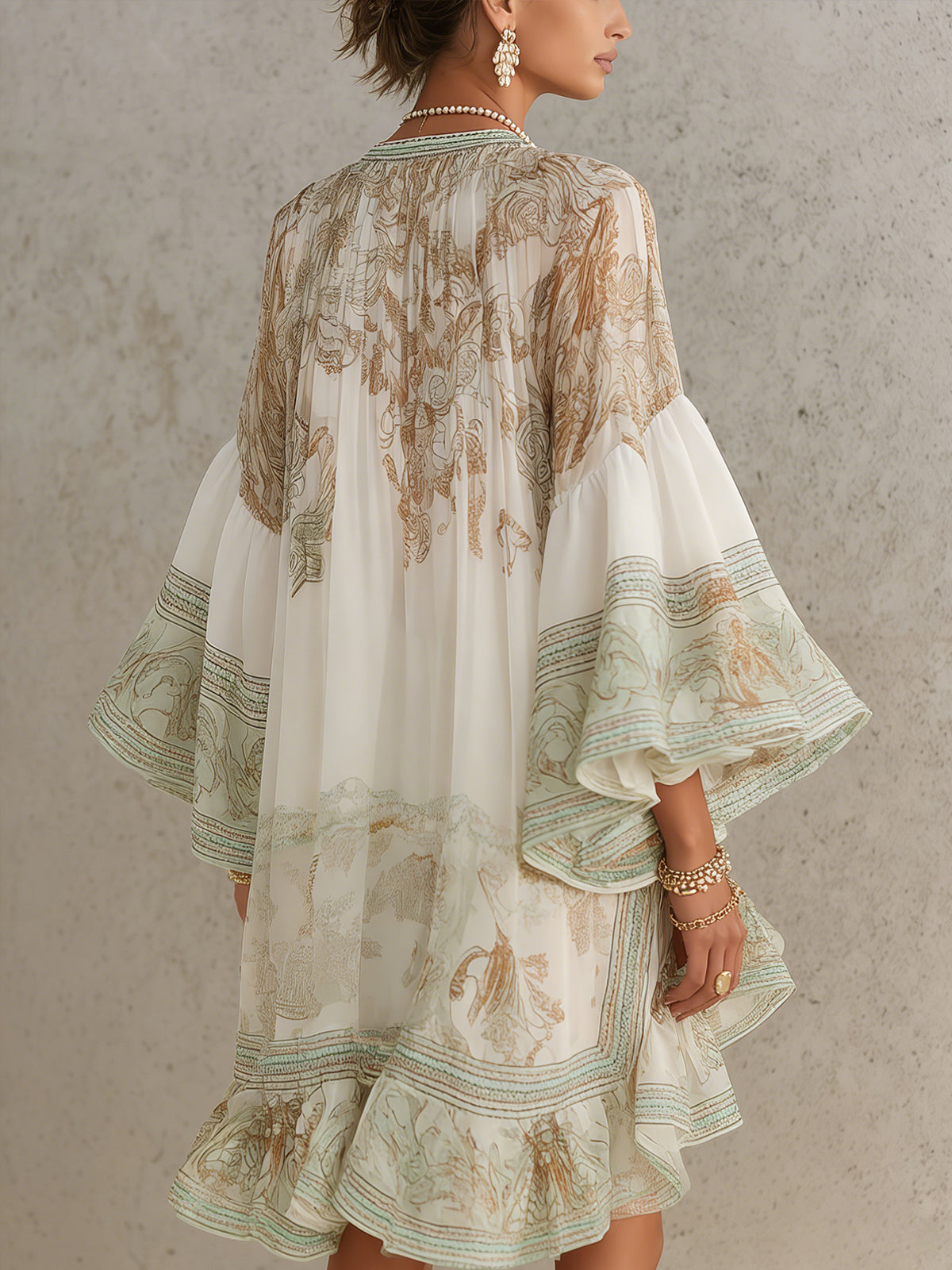 HANNELORE - MINI-ROBE EN MOUSSELINE À MOTIF BAROQUE ET VOLANTS EN CASCADE