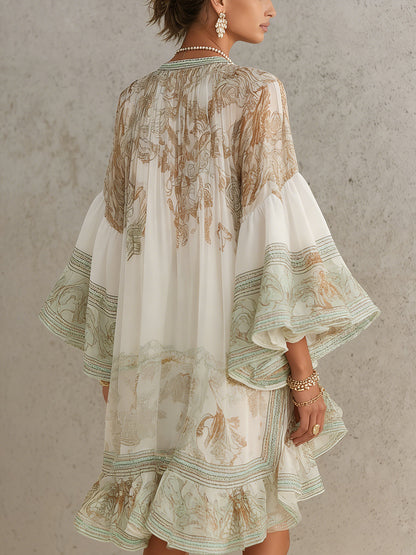 HANNELORE - MINI-ROBE EN MOUSSELINE À MOTIF BAROQUE ET VOLANTS EN CASCADE