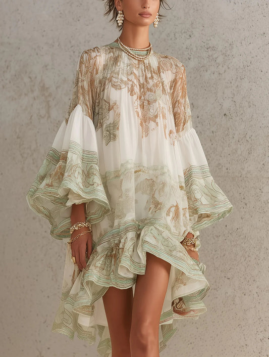 HANNELORE - MINI-ROBE EN MOUSSELINE À MOTIF BAROQUE ET VOLANTS EN CASCADE