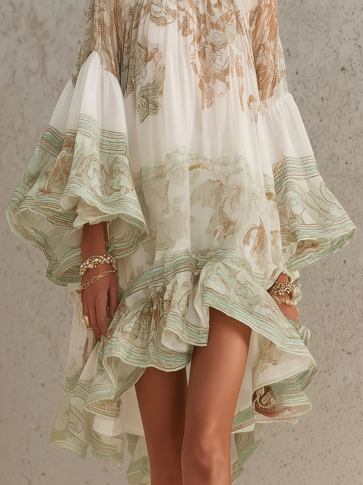 HANNELORE - MINI-ROBE EN MOUSSELINE À MOTIF BAROQUE ET VOLANTS EN CASCADE