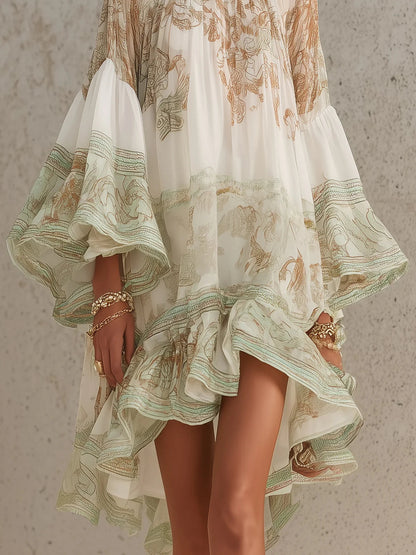 HANNELORE - MINI-ROBE EN MOUSSELINE À MOTIF BAROQUE ET VOLANTS EN CASCADE