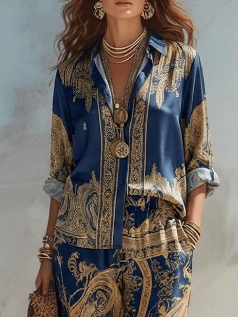 JOULE – ENSEMBLE DEUX PIÈCES EN SATIN À MOTIF BAROQUE DORÉ