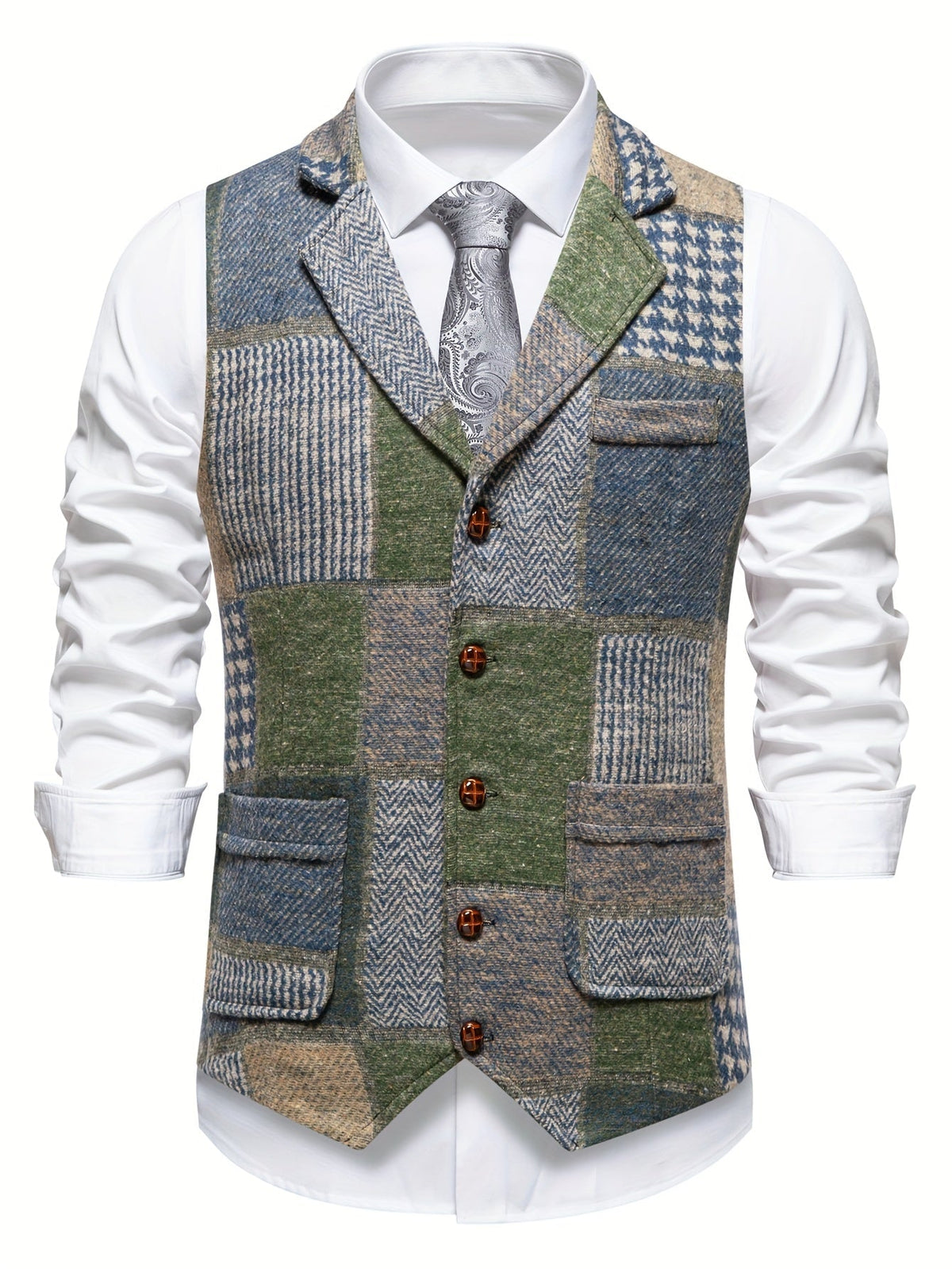 BERTRAND - GILET EN TWEED PATCHWORK À CHEVRONS