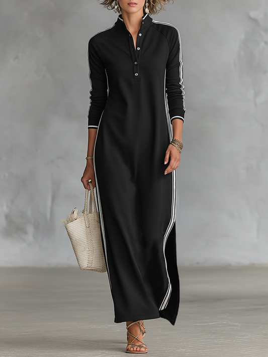 AMBRE - ROBE LONGUE EN SWEAT AVEC COL BOUTONNÉ