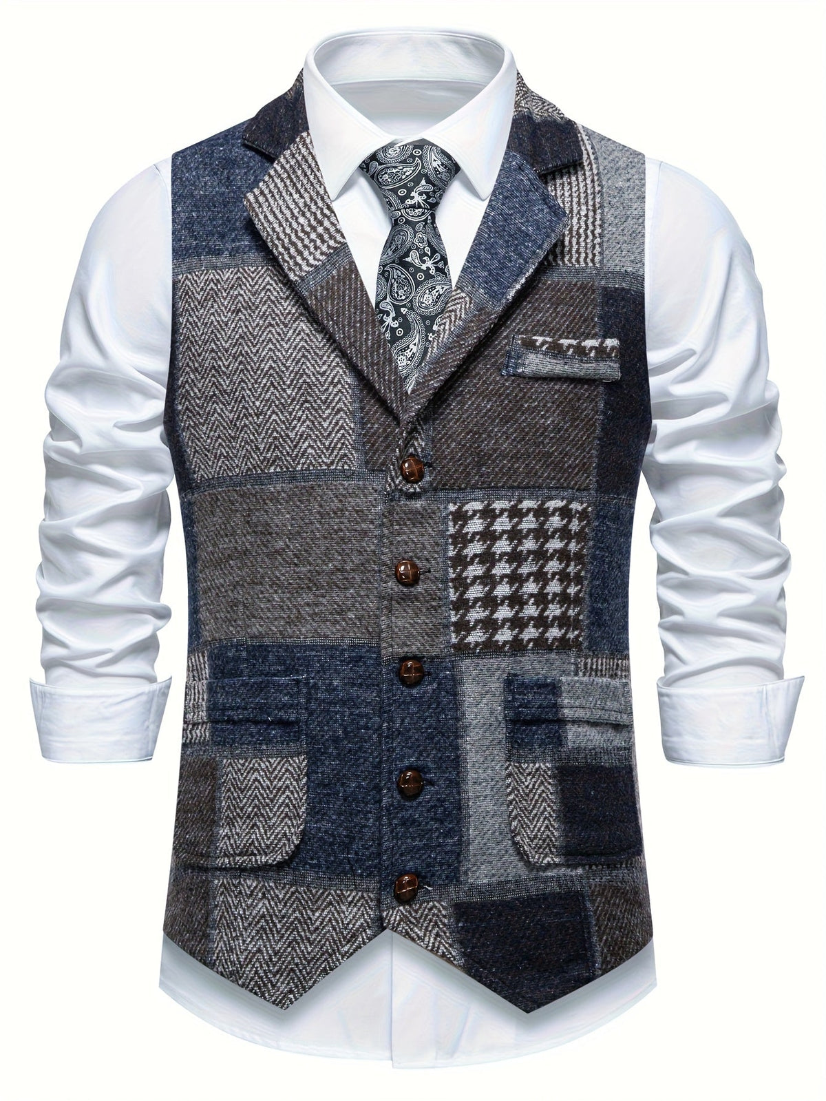 BERTRAND - GILET EN TWEED PATCHWORK À CHEVRONS