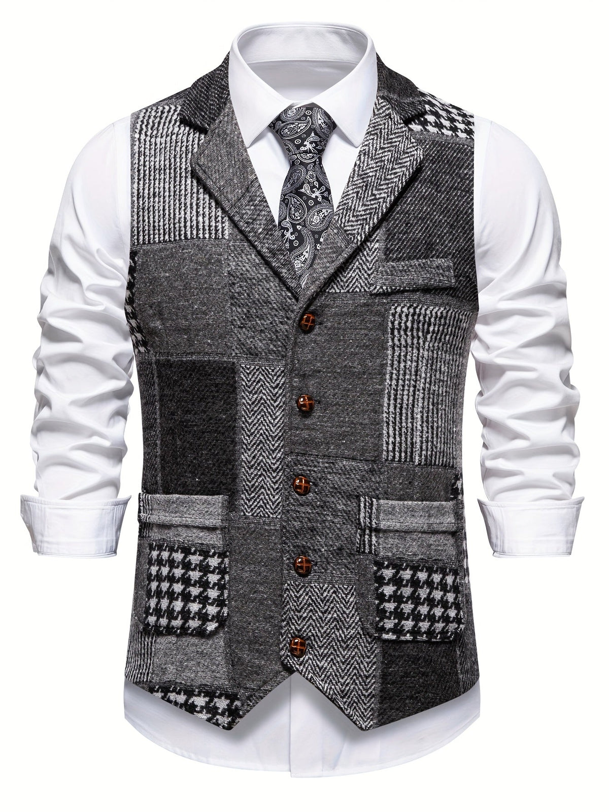 BERTRAND - GILET EN TWEED PATCHWORK À CHEVRONS